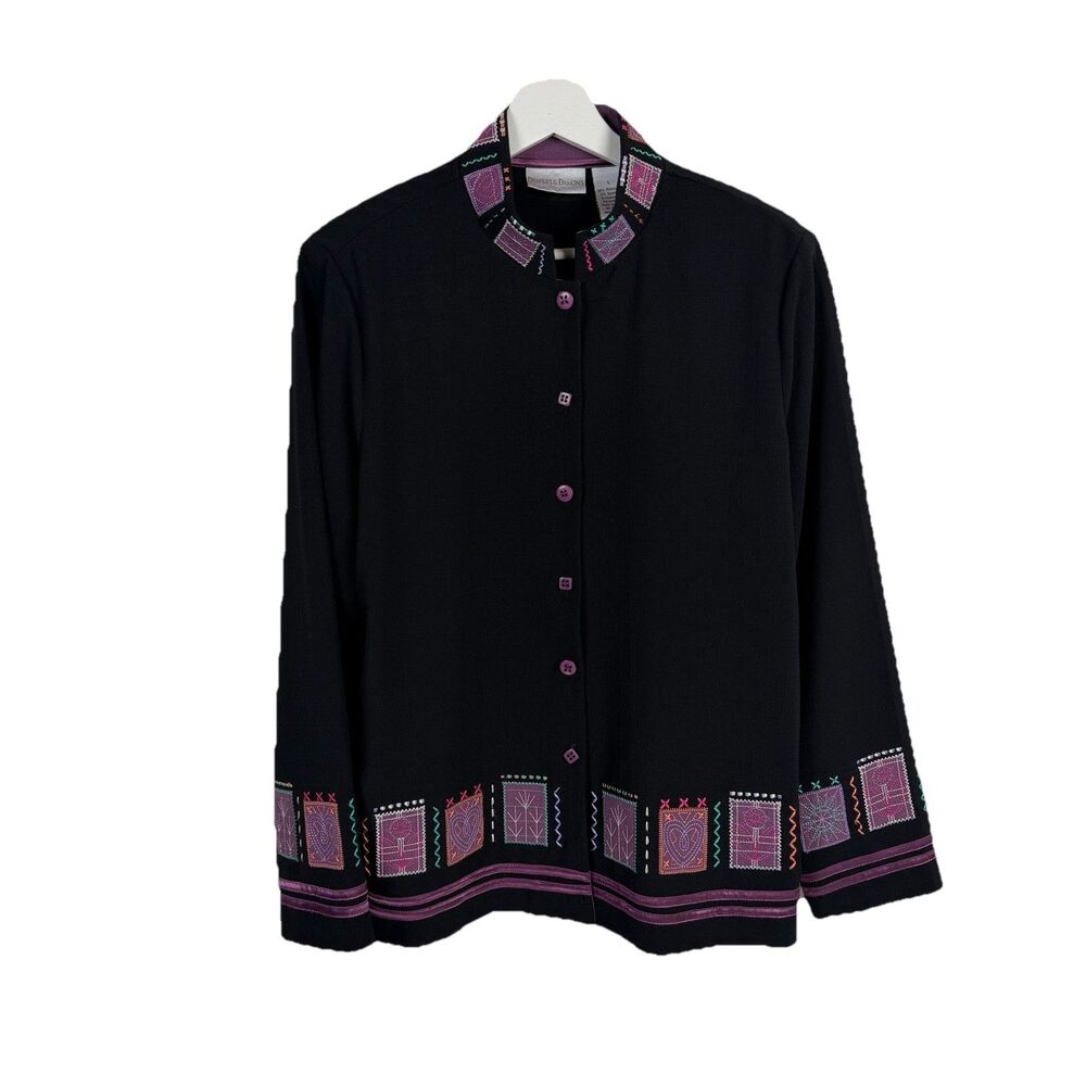 Draper's & Damon's Black Embroidered Jacket L Mandarin Collar Boho Artsy Folk